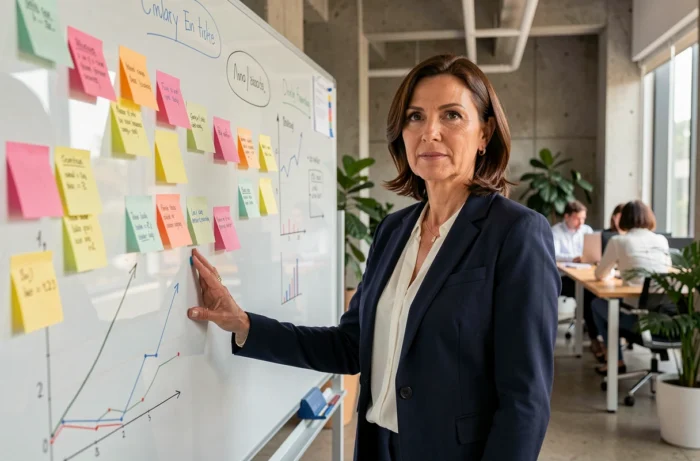 Femme cadre présentant une stratégie marketing innovante sur un tableau blanc dans un bureau moderne