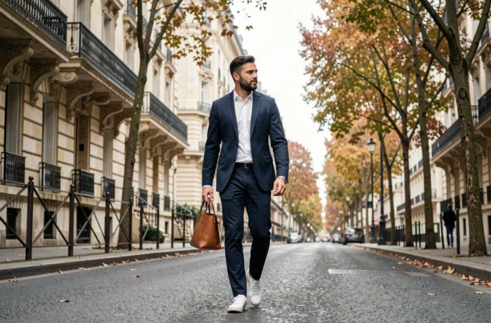 Homme stylé en blazer marine marchant dans une rue haussmannienne parisienne en automne