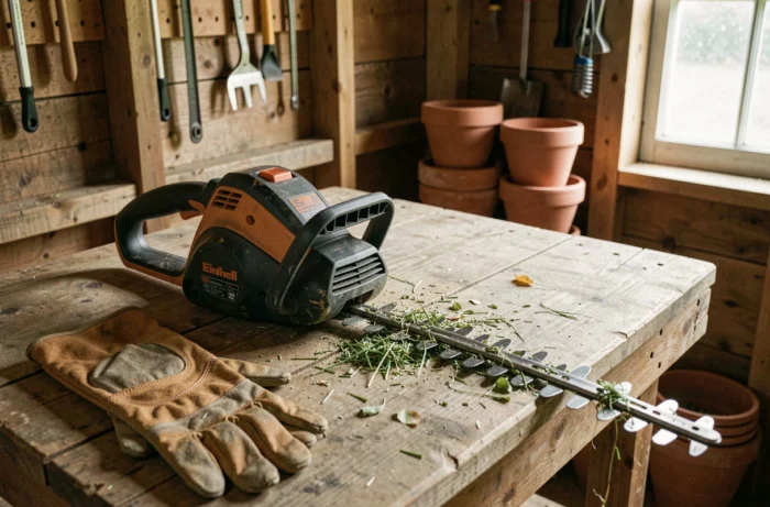 Taille-haie Einhell GE-CH 1846 posé sur un établi en bois dans un abri de jardin avec des débris de végétation sur la lame