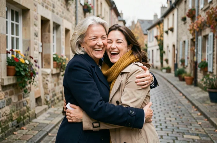 Tante et nièce s'embrassant avec joie dans une rue pavée d'un village français en tenant un poème manuscrit
