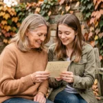 Tante et nièce partageant un moment émouvant dans un jardin automnal en lisant une carte écrite à la main