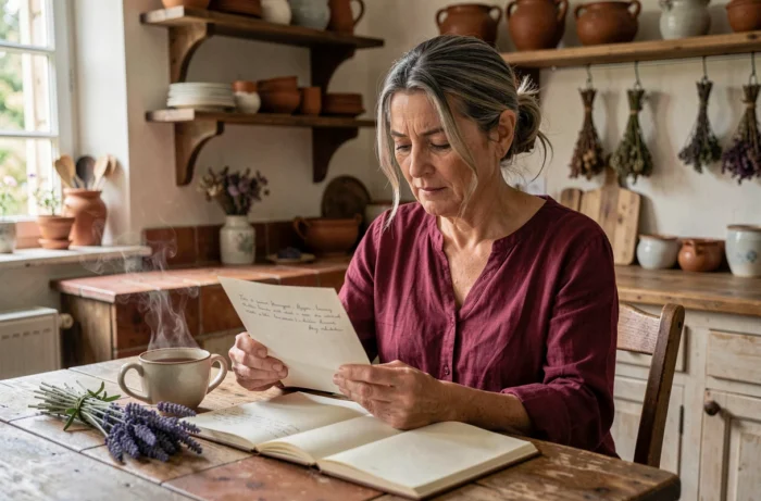 Femme d'une cinquantaine d'années lisant une lettre touchante dans une cuisine rustique française avec une tasse de thé
