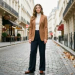 Femme élégante portant un blazer camel et un pantalon large marine dans une rue parisienne pavée, tendances mode automne