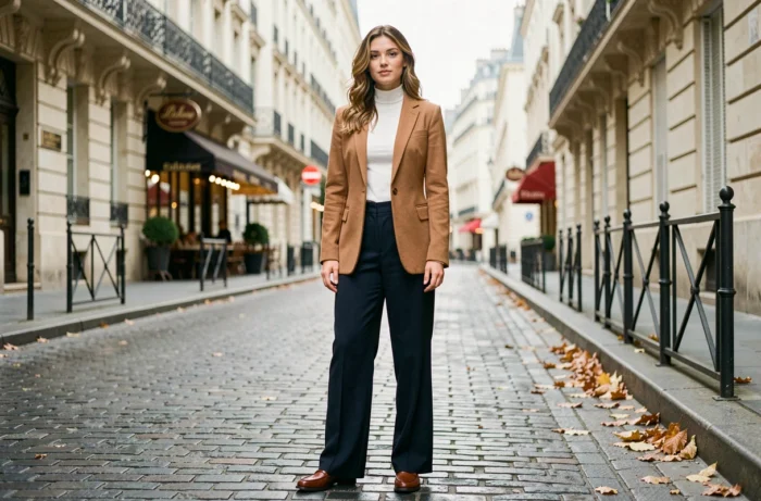 Femme élégante portant un blazer camel et un pantalon large marine dans une rue parisienne pavée, tendances mode automne