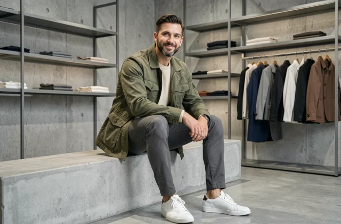 Homme tendance en veste utilitaire olive et sneakers blanches dans un concept store minimaliste aux murs en béton