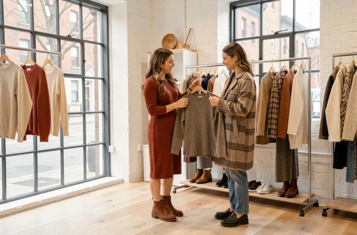 Deux femmes tendance essayant des vêtements de saison dans une boutique moderne et lumineuse aux murs blancs et parquet chêne