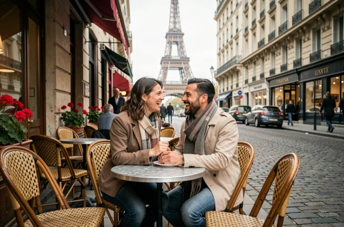 Couple riant en terrasse d'un bistro parisien avec la Tour Eiffel en arrière-plan dans une rue pavée