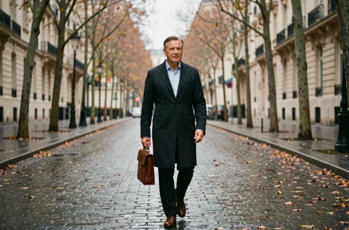 Homme en manteau sombre marchant avec assurance sur un boulevard parisien en automne avec des façades haussmanniennes, évoquant le style de vie et les secrets de la réussite de Tony Scotti entre Paris et les États-Unis
