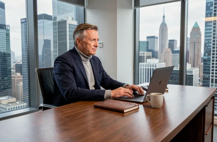 Entrepreneur américain assis à un bureau en bois dans un bureau moderne de Manhattan, symbolisant la fortune et la réussite professionnelle de Tony Scotti aux États-Unis