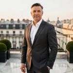 Homme d'affaires élégant en costume gris sur une terrasse parisienne avec vue sur les toits haussmanniens, illustrant le parcours de Tony Scotti entre Paris et les États-Unis