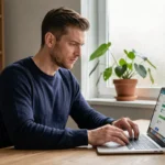 Homme utilisant un ordinateur portable pour télécharger des fichiers en toute sécurité depuis 1fichier.com dans un bureau à domicile moderne