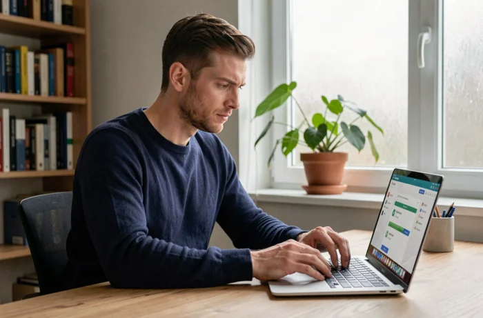 Homme utilisant un ordinateur portable pour télécharger des fichiers en toute sécurité depuis 1fichier.com dans un bureau à domicile moderne