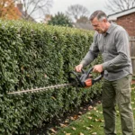 Homme utilisant un taille-haie Einhell GE-CH 1846 pour tailler une haie de buis dans un jardin résidentiel en automne