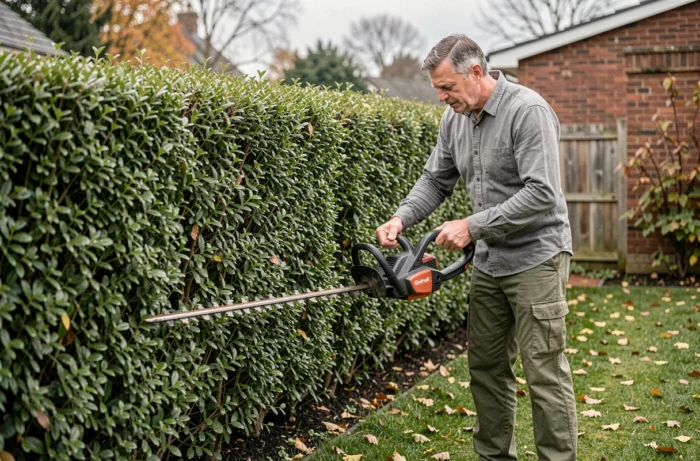 Homme utilisant un taille-haie Einhell GE-CH 1846 pour tailler une haie de buis dans un jardin résidentiel en automne