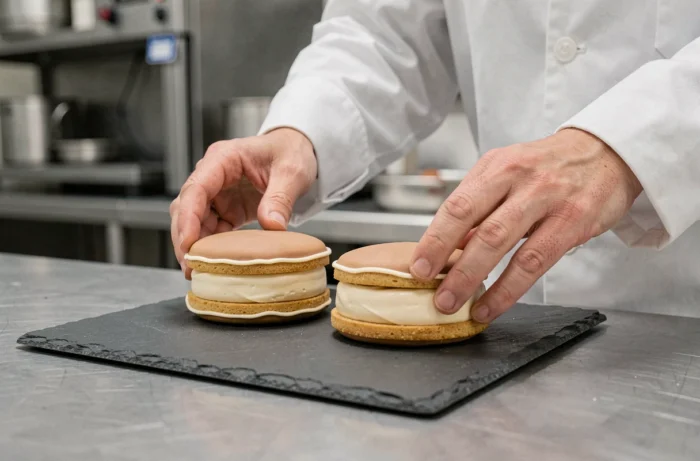 Chef pâtissier présentant deux religieuses de tailles différentes sur une ardoise, illustrant les variations de formats en pâtisserie française