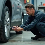 Mécanicien vérifiant la pression des pneus d'une Citroën C5 avec un manomètre numérique dans un garage