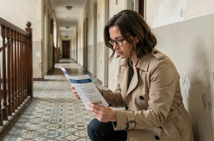 Une femme lit attentivement un diagnostic de performance énergétique (DPE) dans le couloir d'un appartement ancien