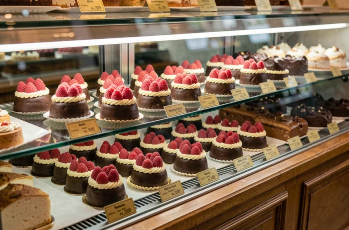 Vitrine d'une pâtisserie française présentant des religieuses en trois tailles différentes, du petit format au grand format, décorées au chocolat et à la framboise