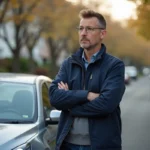 Homme appuyé contre une voiture familiale compacte de 9 chevaux fiscaux dans une rue résidentielle