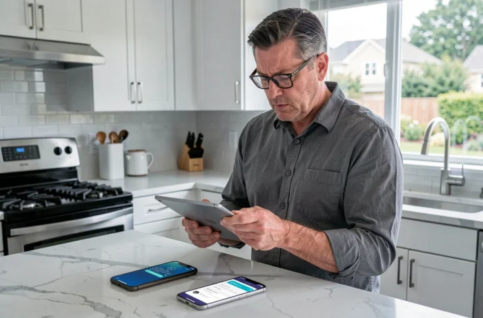 Homme d'âge mûr utilisant une tablette et un VPN pour accéder à 1fichier.com en sécurité depuis sa cuisine