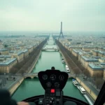 Vue aérienne de Paris depuis un hélicoptère avec la Tour Eiffel et la Seine visibles en contrebas