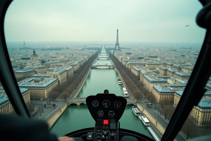 Vue aérienne de Paris depuis un hélicoptère avec la Tour Eiffel et la Seine visibles en contrebas