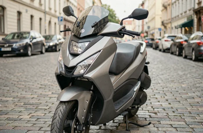 Yamaha XMAX 125 garé en ville vue trois quarts avant, version standard non débridée
